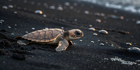  Macro image of a sea turtle hatchling crawling on black volcanic sand, moist shell and tiny flippers lit by warm low-angle light, high-definition textures and water droplets visible.