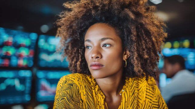 Focused businesswoman analyzing market trends corporate office candid shot professional environment close-up empowerment