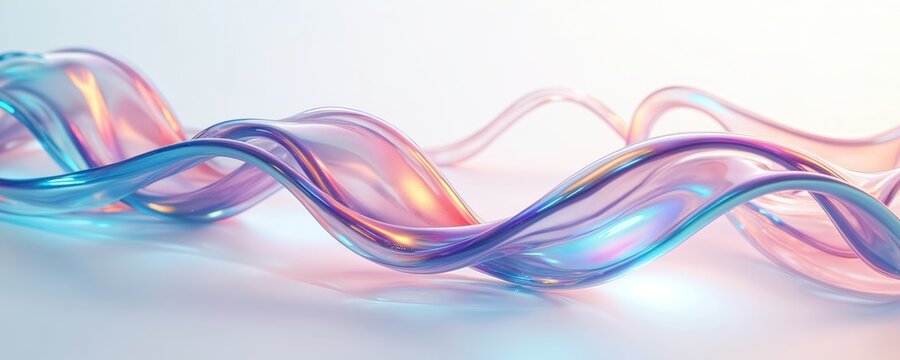 3D abstract liquid glass ribbon forms wavy lines with holographic rainbow gradient textures. Glossy, smooth fluid curves show dispersion light effects. Futuristic, shiny, iridescent motion creates - Powered by Adobe