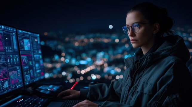 Cybersecurity analyst working late night urban rooftop digital screen environment focused perspective technology innovation - Powered by Adobe