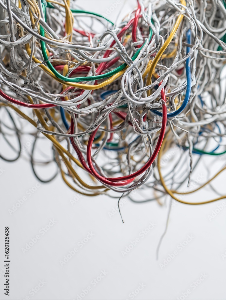 Aufkleber tangled cables: a vibrant cluster of colorful electrical wires intertwines, suggesting the complexit