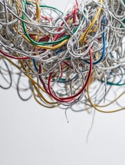 Tangled Cables: A vibrant cluster of colorful electrical wires intertwines, suggesting the complexity and interconnectedness of technology and communication.