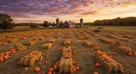 Autumn pumpkin patch at sunset