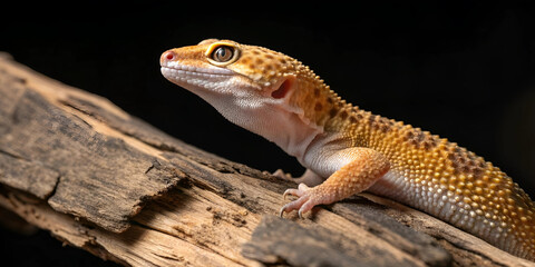 Fototapeta premium Full-body close-up of a leopard gecko resting on a piece of driftwood, its bumpy skin and glassy eyes rendered with intense clarity, dramatic lighting from one side creating contrast.