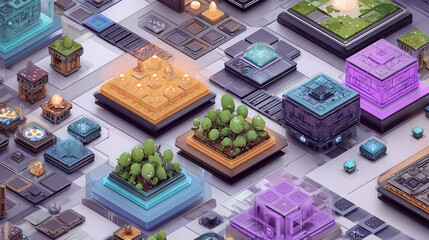 modular game interface in isometric perspective showing animated tiles