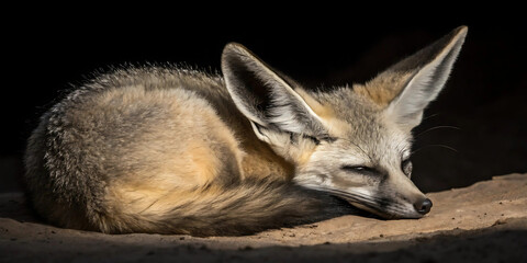  Close-up macro of a bat-eared fox curled into a resting pose, fur rendered with delicate texture, ears sharply defined and lit from above, deep shadows sculpt the face.