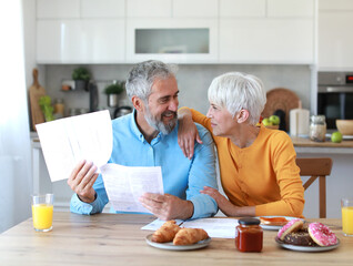 Senior couple checking bills and calculating expenses using a laptop during a breakfast in the morning at table at home, debt taxes concept, worried married elderly couple