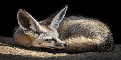  Close-up macro of a bat-eared fox curled into a resting pose, fur rendered with delicate texture, ears sharply defined and lit from above, deep shadows sculpt the face.