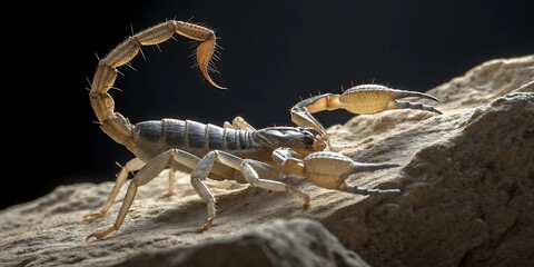  Close-up full-body image of a scorpion on rough desert stone, illuminated from above with stark shadows highlighting its claws and stinger, translucent tail edges glowing slightly, ultra-detailed.
