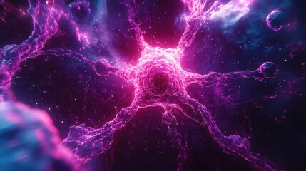 Glowing neuron network, cosmic background, science concept, medical illustration
