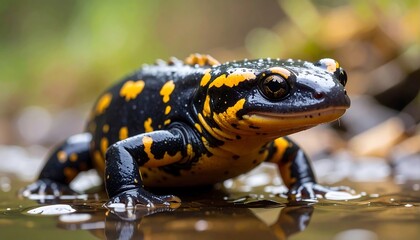 Fototapeta premium A stunning close-up of a fire salamander in its natural habitat environment