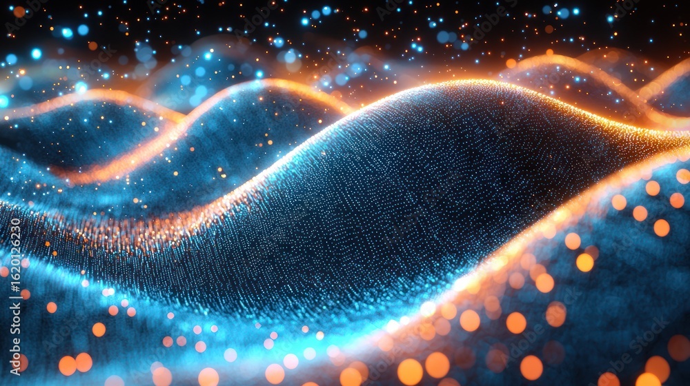 Poster abstract digital waves glowing with light particles, dynamic background