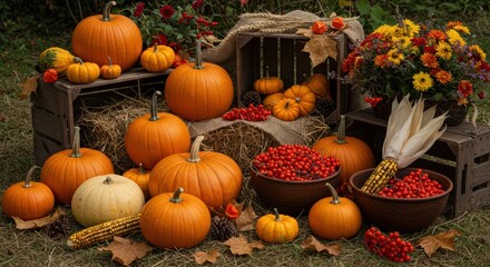 Autumn pumpkins and fall harvest display