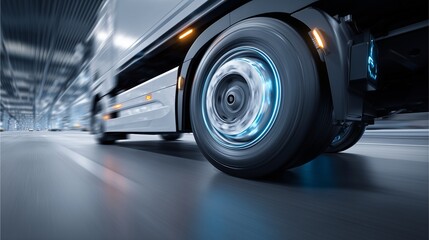 Rolling Truck: A close-up shot of a speeding semi-truck wheel, epitomizing the dynamism and advancement of the transportation field. It offers a blend of practicality and high-tech charm.