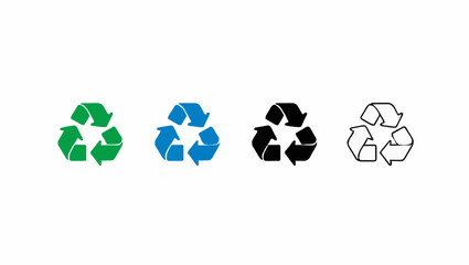 Obraz premium A row of four recycle symbols in green blue black and outline on white background