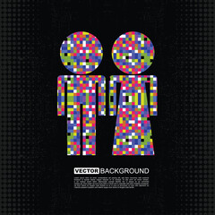 Colorful pixel mosaic male and female restroom symbols on a grunge black background. Modern, abstract, and conceptual design for creative and digital projects.