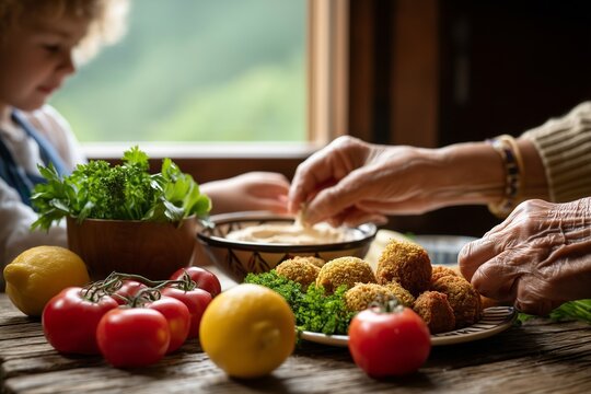 The joy of cooking together connects generations. A scene of culinary heritage, family bonding, and the rich flavors of Middle Eastern food.
