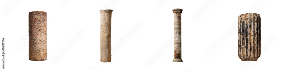 Poster four ancient stone columns display varying textures and weathering including smooth cylindrical and 