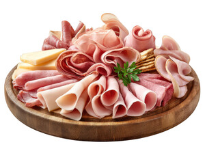 Assorted deli meat platter with cheese, crackers, and parsley garnish, arranged on wooden serving board, perfect for parties or gatherings, inviting and appetizing presentation