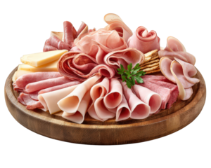 Assorted deli meat platter with cheese, crackers, and parsley garnish, arranged on wooden serving board, perfect for parties or gatherings, inviting and appetizing presentation
