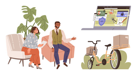 Two people seated discussing ideas, laptop screen with cybersecurity elements, delivery bike with parcel. Ideal for teamwork, digital security, logistics, eco-consciousness, communication, strategy