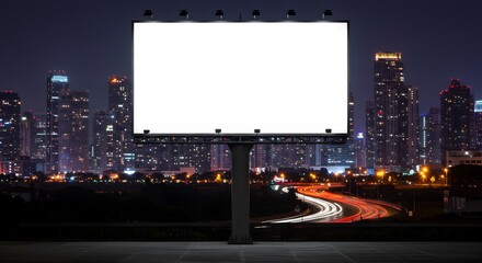 Blank White Billboard at Night with Blurred City Skyline and Traffic Light Trails, Ready for Advertisement