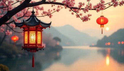 Pagoda lantern hangs from cherry blossom tree, Japanese lantern cherry blossom spring, Asian architecture and cultural tradition, created with generative ai