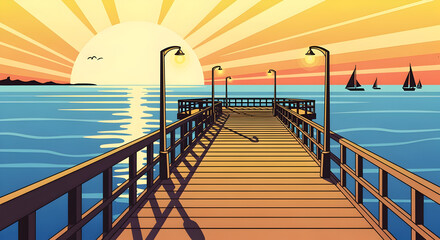 Golden Hour Seascape: Scenic Pier at Sunset with Radiant Sky, Calm Water, and Distant Sailboats. Vibrant Coastal Illustration.