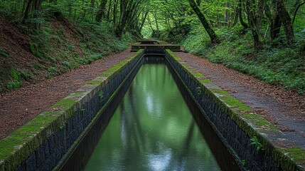 Green canal path, mossy banks, peaceful