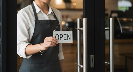 Female Barista Turning Over Open Sign on Cafe Glass Door