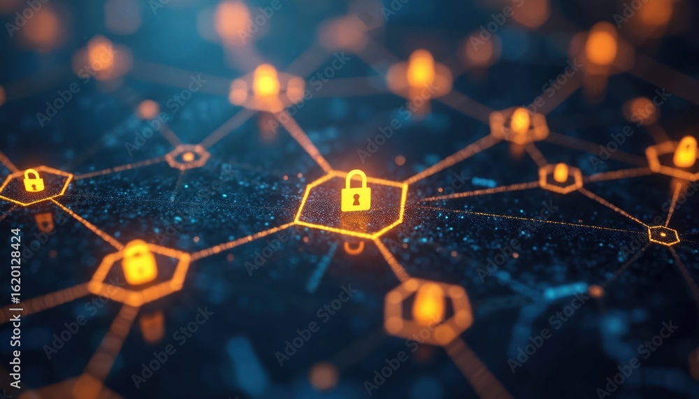 Poster abstract network grid with glowing hexagons, featuring secure padlock icon. dark blue background wit