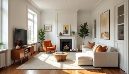 Fototapeta premium Bright townhouse living room features mid-century modern furniture, white skirting boards, open floor plan. Comfortable sectional sofa with orange accents complements plush armchair, round coffee