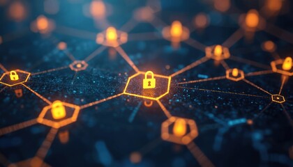 Abstract network grid with glowing hexagons, featuring secure padlock icon. Dark blue background with scattered blue, orange particles, signifying digital data, connectivity. Represents