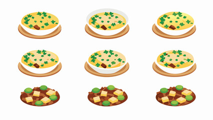Illustration of nine bowls of food with different toppings and arrangements on a white background