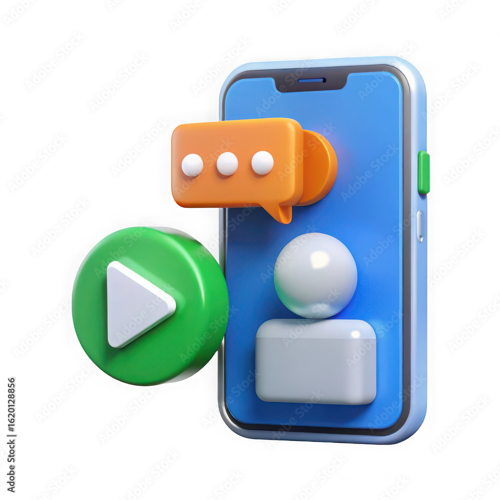 Poster 3d smartphone with play button and chat bubble isolated on transparent background