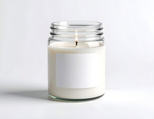 A lit candle in a glass jar with a blank white label for a product mockup, symbolizing relaxation and aromatherapy on a clean background.