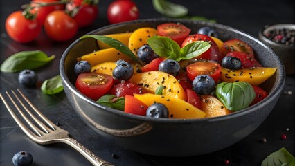 Vibrant Summer Salad with Tomatoes, Peaches, Blueberries, and Fresh Basil in a Dark Ceramic Bowl