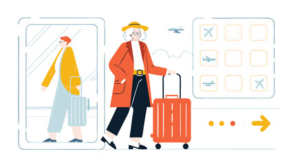 People with luggage at the airport with flight selection screen and an arrow pointing to the right