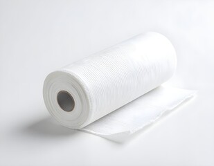 A large, single roll of white embossed paper towels for hygiene and cleaning, isolated on a plain white studio background.