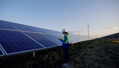 Professional engineer using a digital tablet for maintenance and inspection at a solar power plant during sunset.