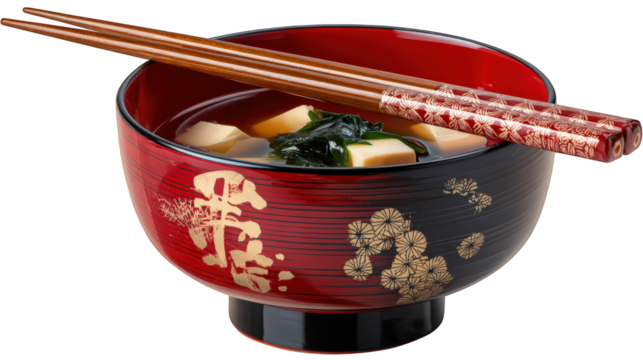 Red lacquer bowl with golden floral pattern filled with miso soup, tofu cubes, seaweed, and wooden chopsticks, traditional Japanese cuisine, healthy and comforting meal