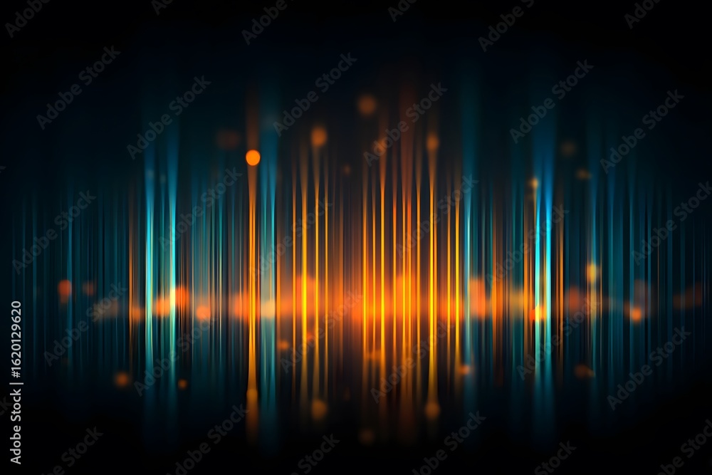 Poster dark blue background with vertical lines of orange and cyan lights, creating an abstract gradient ef