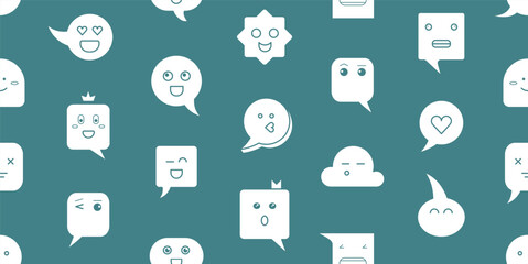 Cute seamless pattern with speech bubbles with smiling faces. Abstract set with different shapes text boxes, cute characters of dialog clouds with heart and crown, vector flat illustration