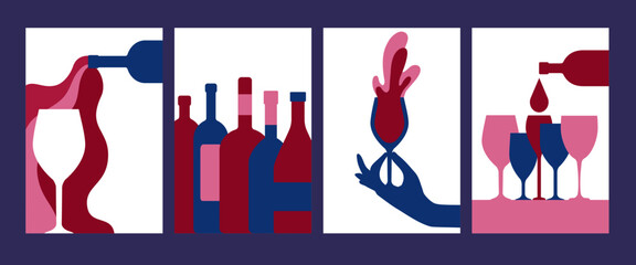 Wine cards with wineglass and bottles on white background. Abstract background for bar menu. Geometric posters with bottles with wine, champagne, cocktail glasses, vector illustration