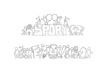 Doodle sport trophy, soccer and rugby balls, gold medal, boxing glove and kettlebell. Sketch of sport awards and equipment, golden cup, badminton shuttlecock, vector hand drawn illustration