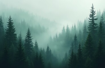 Misty evergreen forest landscape. Dense trees covered in fog create a moody, mysterious atmosphere. Calm, peaceful natural scenery, ideal for backgrounds, websites, and presentations.