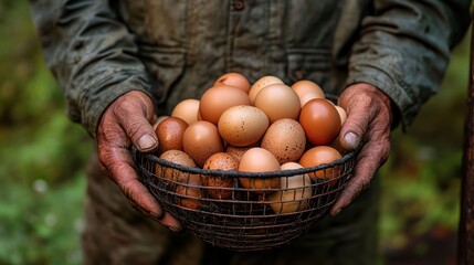 Hands hold a wire basket filled with brown eggs