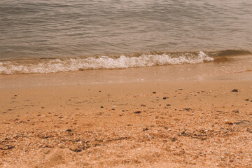 Gentle waves lapping onto a sandy beach under warm sunlight, capturing a peaceful summer day.