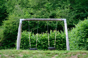Rustic Wooden Swing Set in Lush Green Park