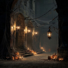 Old castle, pumpkins, lanterns and candles